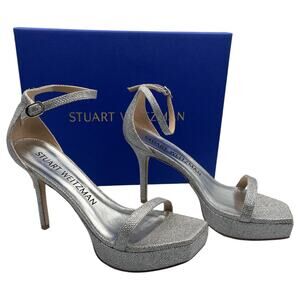 Stuart Weitzman Nudist Party 95 Ankle Strap Platform Heels Sandals Silver 9.5